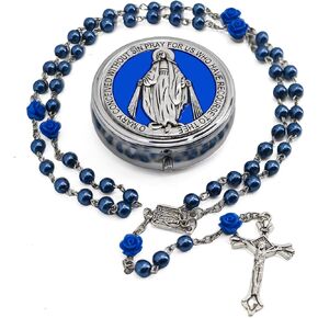قلادة Ivyrobes Pearl Rosary للنساء والرجال ، حبات المسبحة الكاثوليكية مع قطعة مركز مريم العذراء و Crucifix ، هدايا الشركة الأولى في صندوق الهدايا المعدنية المعجزة