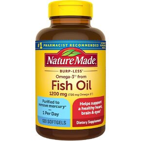 جعلت الطبيعة تجشؤًا أقل من أوميغا 3 مكملات زيت السمك ، 1200 ملغ ، وكبدي EPA DHA Omega 3 كاسترات إيثيل ، وزيت السمك الناعم من أجل القلب الصحي ، ودعم الدماغ والعينين ، واحد في اليوم ، 120 ناعمة