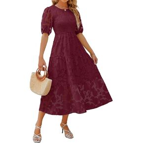 ZESICA Women's 2025 Summer Short Puff Sleeve Crewneck Smocked Floral Lace Flowy A Line Tiered Maxi Dresses