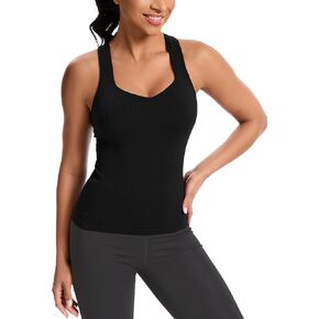 MathCat Women's Workout Tank Top with Built-in Bra, Slight V-Neck Racerback Sports Shirt, Breathable Athletic Camisole