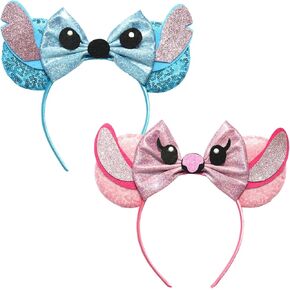 FACHPINT Stitch Ears, 2pcs Mouse Ears Headband for Stitch Angel, Cute Sequin Mini Blue/Pink Ears for Christmas Decoration, Girl Boy Photo Props, Party