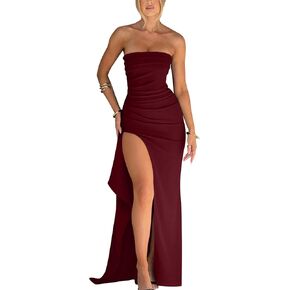 YMDUCH Women's Elegant Strapless Bodycon Ruched Ruffle High Split Long Formal Evening Dress