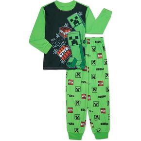 Minecraft Pajamas for Boys, 2 Piece Creeper PJs, Long Sleeve Top and Pant PJ Set for Kids, Size 6-7 Green/Black