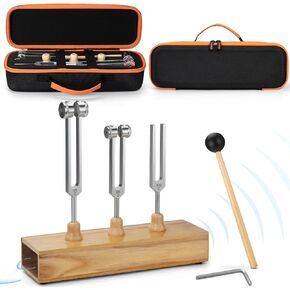 Tuning Forks for Healing Set (128Hz, 256Hz, 512Hz), Tuning Fork Medical Set with Reflex Hammer, Wooden Resonator and Storage Case for Chakra/Sound Healing/Yoga/Meditation, Stress Relief Gift