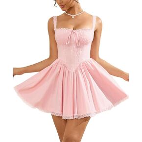 Womens Summer Mini Dress Square Neck Tie Front Lace Spliced Ruched Backless Casual Party Graduation Short Bodycon Dresses