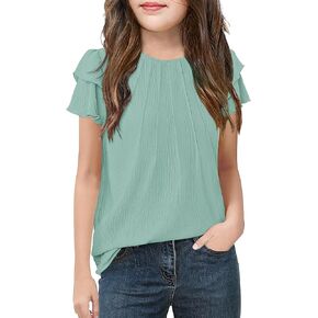Floral Find Girls Ruffle Short Sleeve Crew Neck Textured Blouses Summer Dressy Tunic Top Cute Shirts
