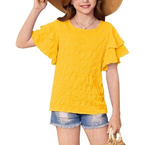 BesserBay Girls Summer Double Ruffle Short Sleeve Tee Shirts Crewneck Stretch Textured Fabric Casual Tops 5-14 Years