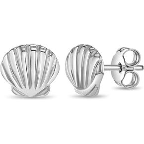925 Sterling Silver Polished Seashell Standard Push Back Earrings For Little Girls & Preteens - Tiny seashell Earrings For Little Girls - Adorable Vacation Time Earrings For Preteen Girls