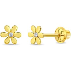 14k Yellow Gold Tiny Flower Clear Cubic Zirconia Screw Back Earrings For Toddlers & Little Girls - Adorably Petite Floral Earrings For Young Girls - Dazzling CZ Earrings For Toddler Girls