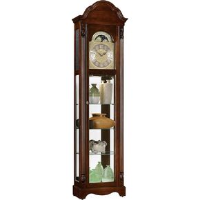 Howard Miller Ridgeway Clarksburg Curio Floor Clock II 2041 – Country Maple Finish Wood Frame, Three Glass Shelves, Interior Light, Vertical Home Decor, Quartz Movement
