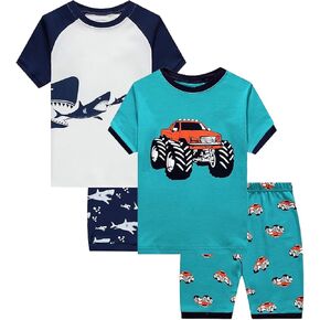 Dolphin&Fish Boys Summer Pajamas 4Pieces Set Boys Short Sleeve Cute Print Toddler Kids Sleepwears.