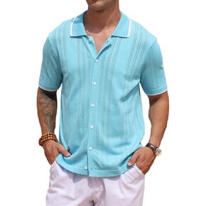 2025 New Men's Knit Button Down Shirt Vintage Short Sleeve Polo Shirts Summer Casual Beach Tops S-3XL