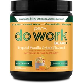 Perk do Work BCAAs (بنكهة الفانيليا المدارية ، 20 حصصًا) - مسحوق شوارد BCAA وترطيب مع ماء جوز الهند وحليب جوز الهند