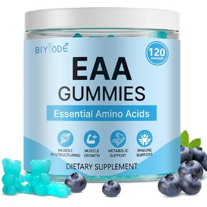 EAA Gummies: Essential Amino Acids All 9 Essential Aminos & Branched-Chain Aminos Non-GMO Gluten Free Vegetarian-Friendly 120 Gummie Blue Raspberry