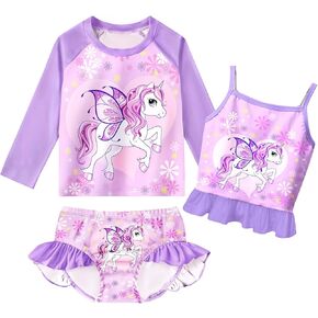 Girls Kids Rash Guard Sets 3 Pieces Tankini Bathing Suit Swimwear Long Sleeves Swimsuit for 3-8 Years