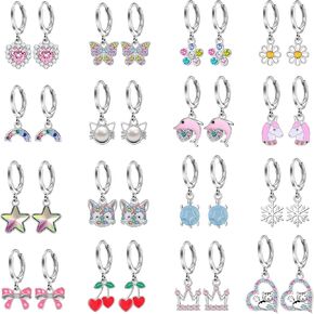 16 Pairs Hypoallergenic Earrings for Little Girls Teens Kids Silver Huggie Hoop Earrings with Charm CZ Flower Butterfly Animal Bow Cute Small Dangle Hoop Earrings Set for Sensitive Ears