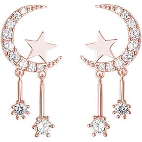 Reffeer 925 Sterling Silver Crescent Moon Star Earrings Studs for Women Teens CZ Moon Studs Earrings Star Tassel Earrings