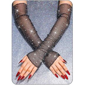 CASDRE Sparkly Rhinestone Long Gloves Fingerless Mesh Elbow Length Arm Sleeves Prom Costume Gloves for Women