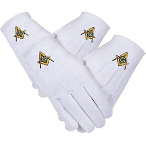 Masonic Blue Lodge Square & Compass Embroidered Cotton Gloves - White (2 Pairs)