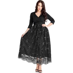 GRAPENT Women's Plus Size Sequin 3/4 Sleeves Evening Gown Party Long Maxi Dress
