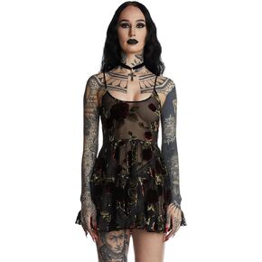 Dolls Kill Befallen Romance Mini Dress by Widow – Sheer Mesh Mini Dress with Velvet Rose Detail & Lace-Up Back