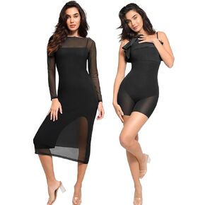 Popilush Mesh Dress Shapewear for Women 2 Piece - High Slit Black Mesh and Spaghetti Strap Dress for Vacation M