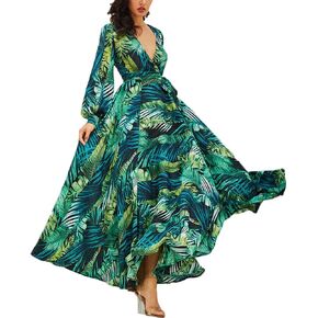spevert womens v الرقبة طويلة الأكمام السقوط الفساتين maxi عارضة حزام الكشكش الأزهار البوهيمي