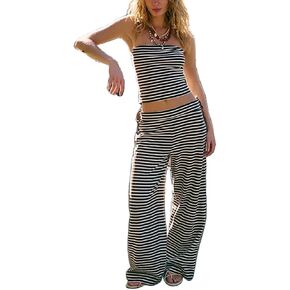 Women Striped Pants Sets 2 Piece Outfits Strapless Tube Tops and Elastic Waist Wide Leg Pants Lounge Set