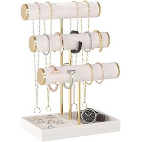 3-Tier Jewelry Bracelet Organizer Holder,Dresser Velvet Necklace Display Stand for Women,Jewelry Storage Rack for Bracelet,Necklace,Ring,Watch,Earring,Perfect Bedroom Accessory (Beige)