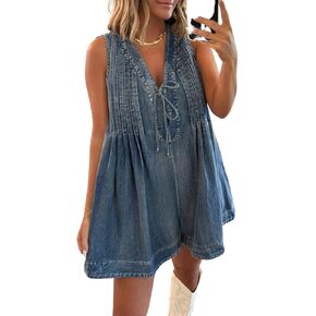 utcoco Womens Summer Casual Sleeveless Denim Romper Tie Front V Neck Jean Overall Shorts Romper With Pockets