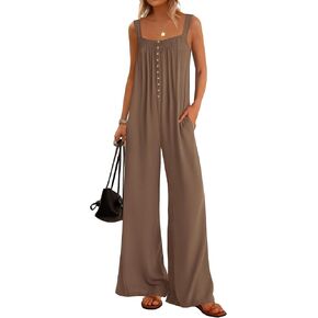 KIRUNDO Summer One Piece Jumpsuits For Women 2025 Casual Loose Button Sleeveless Romper Knit Wide Leg Overalls With Pockets