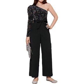 WDIRARA Girl's Glitter Sequin One Shoulder Jumpsuit Gigot Long Sleeve Belted Rompers Pants