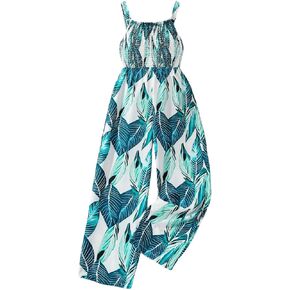 WDIRARA Girl's Tropical Graphic Sleeveless Jumpsuit Smocked High Waist Wide Leg Long Pants