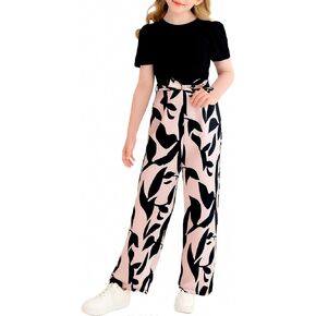 Girls Jumpsuits Puff Sleeve Leaves Wide Leg Romper Kids Summer Jumper Tween Girls Trendy Preppy Clothes Size 8-12