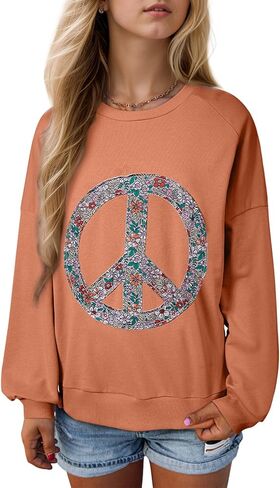 SELINK Girls Long Sleeve Tops Peace Sign Shirts Floral Peace Symbol Crewneck Tunic Shirt Casual Pullover Top in Saudi Arabia