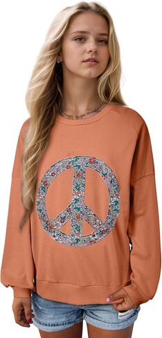 SELINK Girls Long Sleeve Tops Peace Sign Shirts Floral Peace Symbol Crewneck Tunic Shirt Casual Pullover Top in Saudi Arabia
