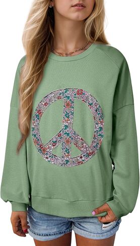 SELINK Girls Long Sleeve Tops Peace Sign Shirts Floral Peace Symbol Crewneck Tunic Shirt Casual Pullover Top in Saudi Arabia