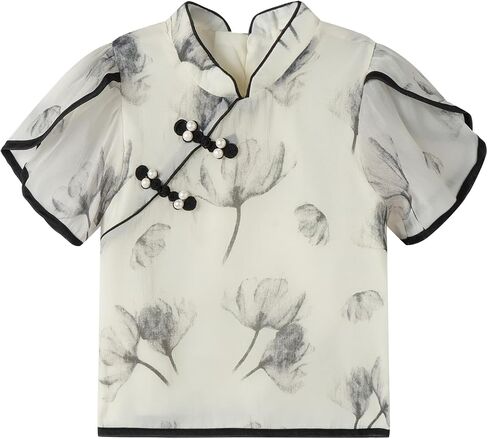 Mud Kingdom Girls Short Sleeve Hanfu Shirt Blouse Floral Chinese Knot Summer Casual Vintage Top Organza in Saudi Arabia
