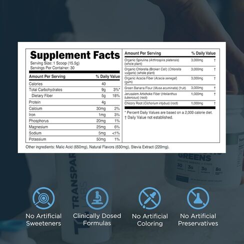 مختبرات شفافة Prebiotic Greens - مسحوق Greens Superfood ومكملات مضادات الأكسدة مع سبيرولينا العضوية، والكلوريرا العضوية، ومسحوق السنط العضوي، ومسحوق الموز الأخضر - 30 وجبة، ومانجو الخوخ in Kuwait