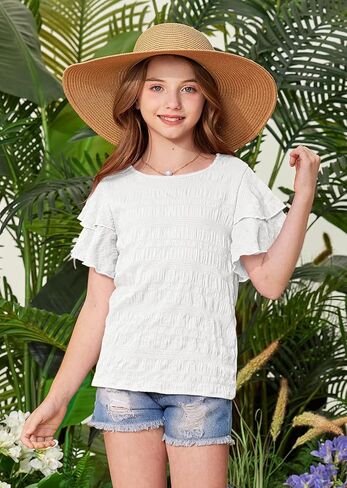 Besserbay Girls Summer Summer Shuffle Short Sleeve قمصان Tee Crewneck تمتد من القمم غير الرسمية من 5-14 سنة in Kuwait