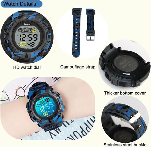 Watch Camo Sports For Boys-Waterplack Kids Digital Watch مع ضوء ملون ، الإنذار والغفوة ، تصميم سليفياتش تصميم سيليكون فرقة هدية لأعياد الميلاد ، أنشطة عيد الميلاد الخارجية (8+ سنوات) in Kuwait