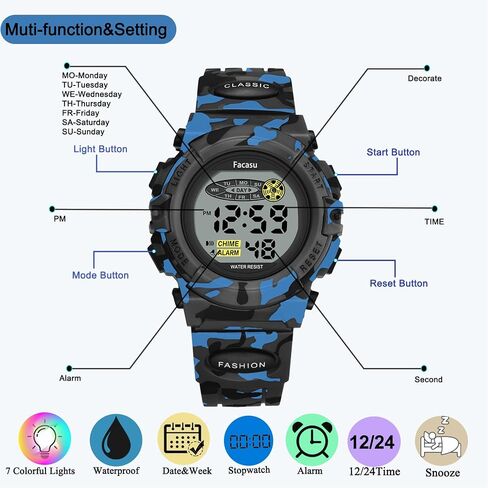 Watch Camo Sports For Boys-Waterplack Kids Digital Watch مع ضوء ملون ، الإنذار والغفوة ، تصميم سليفياتش تصميم سيليكون فرقة هدية لأعياد الميلاد ، أنشطة عيد الميلاد الخارجية (8+ سنوات) in Kuwait