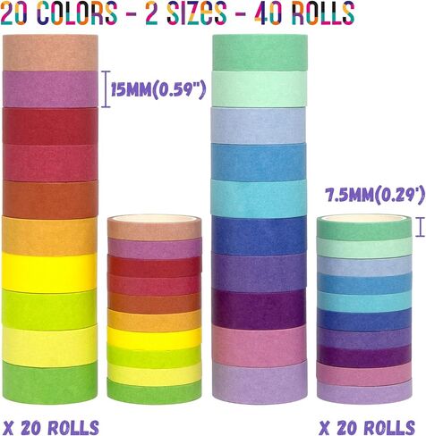 WAPETASHI 60 Rolls Washi Tape Set - 15mm Rainbow Colored Masking Tape, Decorative Tape for Bullet Journaling, Scrapbooking, DIY Arts & Crafts, Christmas Gift, Holiday Decoration in Kuwait