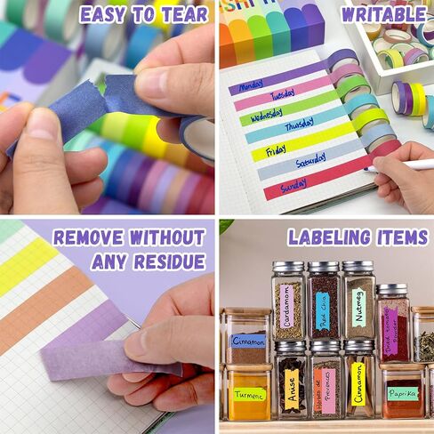 WAPETASHI 60 Rolls Washi Tape Set - 15mm Rainbow Colored Masking Tape, Decorative Tape for Bullet Journaling, Scrapbooking, DIY Arts & Crafts, Christmas Gift, Holiday Decoration in Kuwait