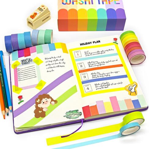 WAPETASHI 60 Rolls Washi Tape Set - 15mm Rainbow Colored Masking Tape, Decorative Tape for Bullet Journaling, Scrapbooking, DIY Arts & Crafts, Christmas Gift, Holiday Decoration in Kuwait