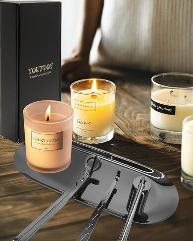 4 In1 Candle Cancory مجموعة مع لوحة صينية تخزين ، شمعة ويك تريفة ، شمعة ويك سافير ، شمعة ويك ديبر ، كبيرة لعشاق الشموع المعطر (أسود غير لامع) in Kuwait