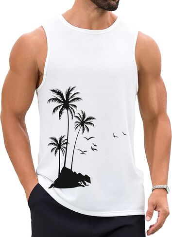 Mens Beach Tank Tops Summer Hawaii Vacation Graphic Muscle Palm Tree Sleeveless Shirts in Saudi Arabia