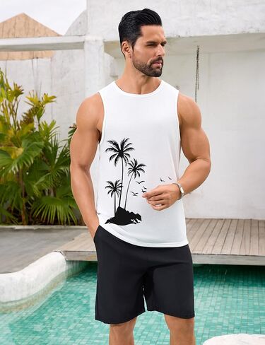 Mens Beach Tank Tops Summer Hawaii Vacation Graphic Muscle Palm Tree Sleeveless Shirts in Saudi Arabia