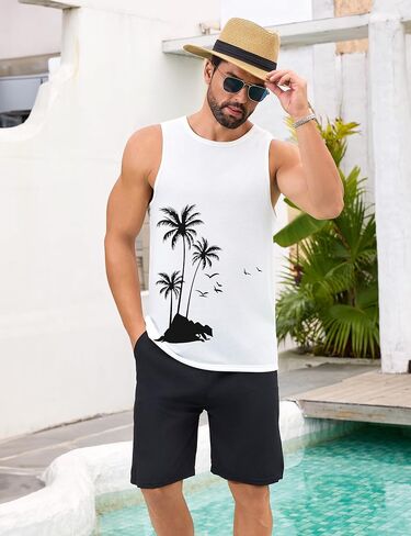 Mens Beach Tank Tops Summer Hawaii Vacation Graphic Muscle Palm Tree Sleeveless Shirts in Saudi Arabia