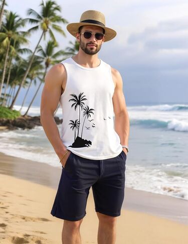 Mens Beach Tank Tops Summer Hawaii Vacation Graphic Muscle Palm Tree Sleeveless Shirts in Saudi Arabia